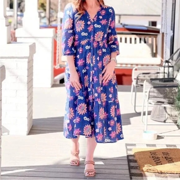 Marine Layer Willow Long Sleeve Midi Dress Batik Floral 100% Cotton Blue Small - Picture 4 of 11